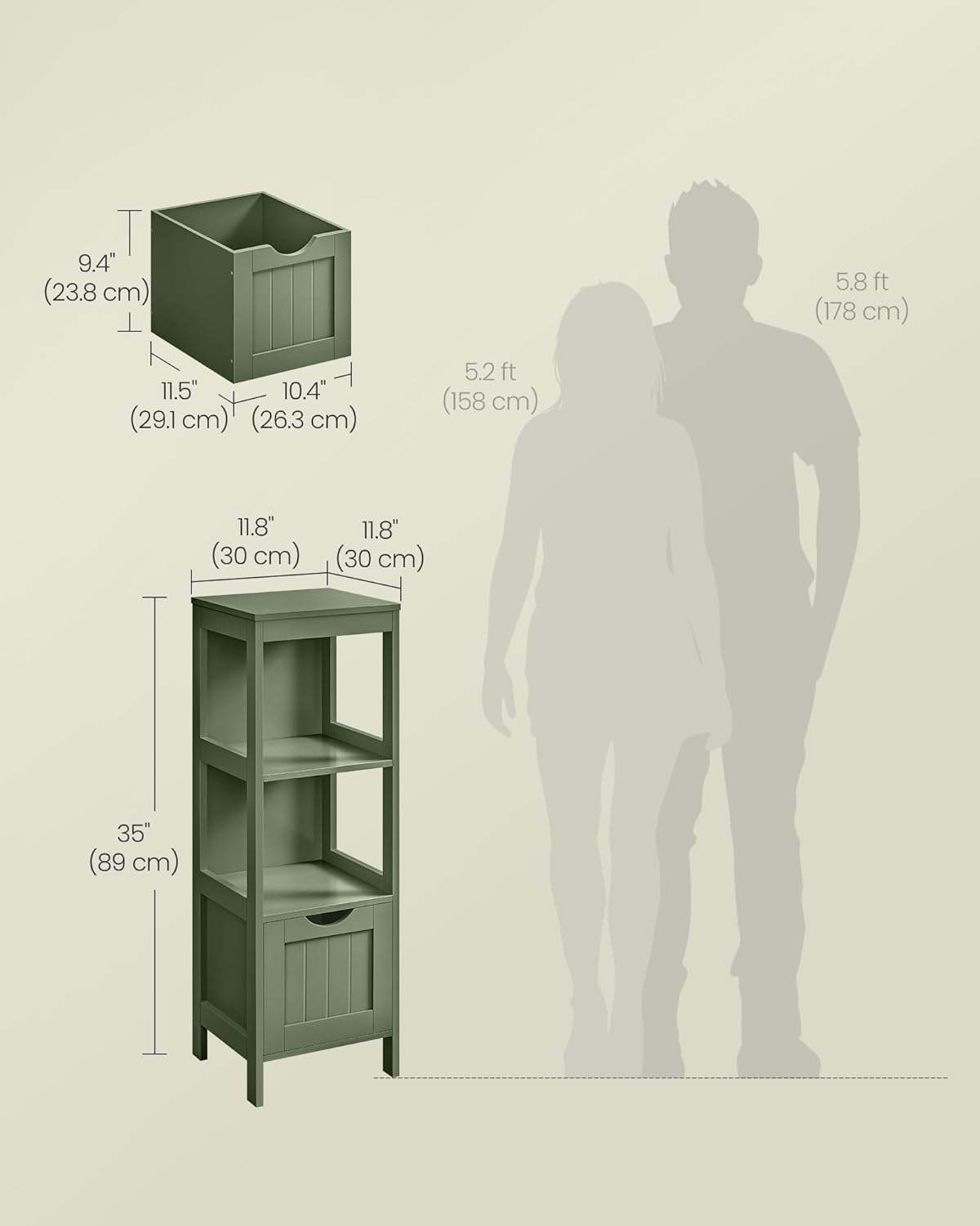VASAGLE Storage Cabinet, Storage Organizer Rack Stand for Bathroom, Living Room, Bedroom, Multifunctional Corner Unit, 2 Drawers, 35 Inches in Height, Forest Green UBBC042C01