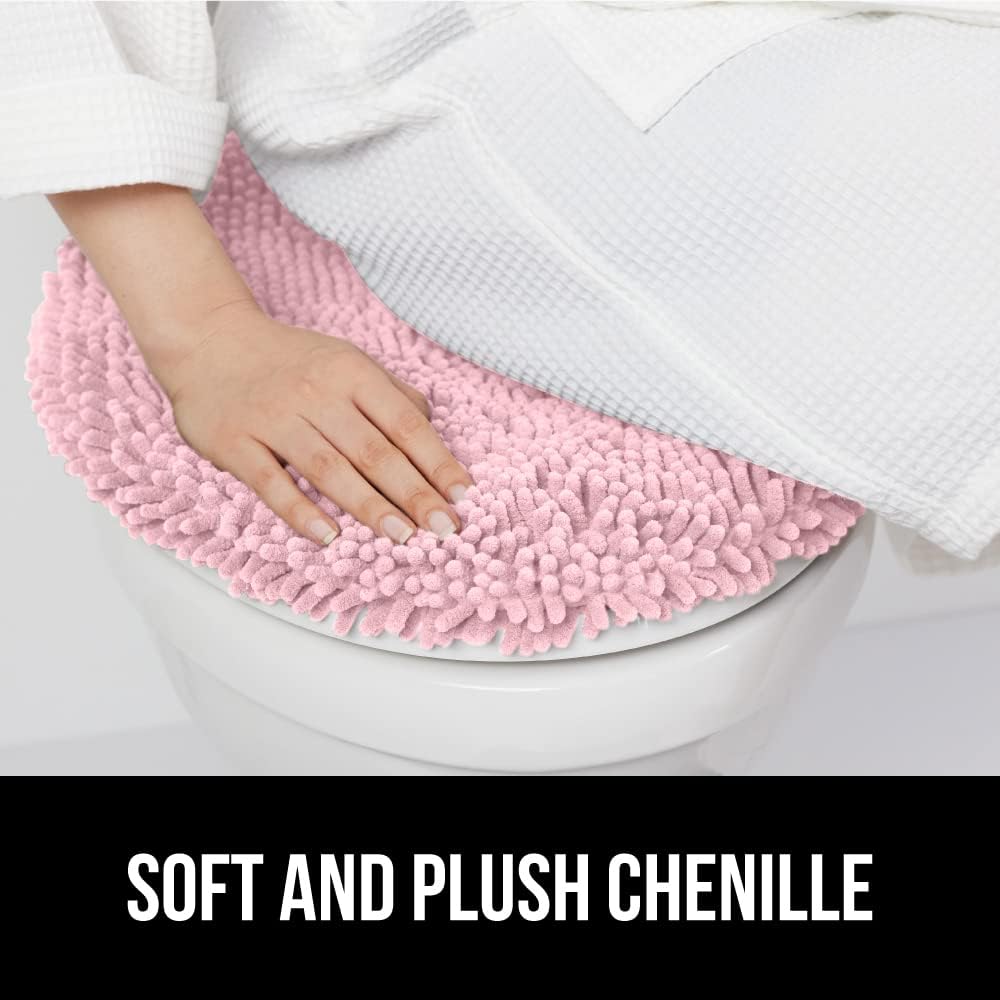 GORILLA GRIP Soft Chenille Bathroom Toilet Lid Cover, Machine Washable Seat Covers, 19.5x18.5, Stays in Place Rubber Backing, Fits Most Round, Elongated and Oblong Lids, Accessories Decor, Light Pink