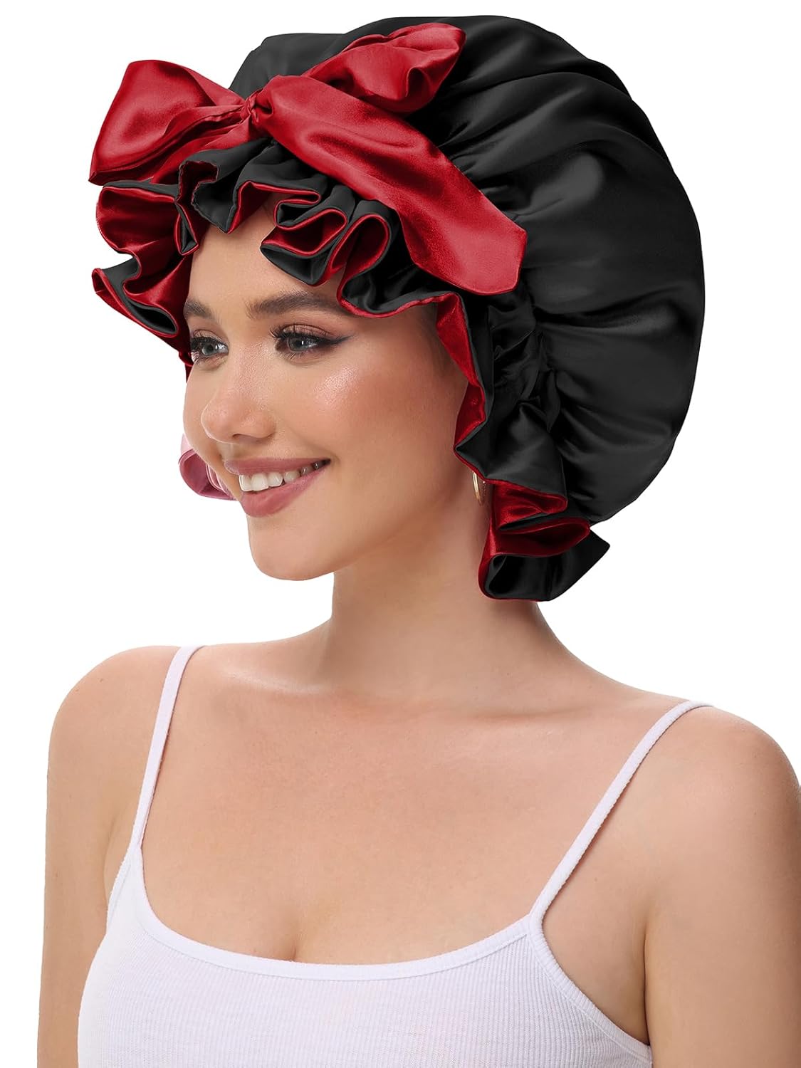 Hair Bonnet for Sleeping, Satin Silk Shower Cap Women 2025 with Tie Band and Adjustable Straps Head Wrap for Curly Hair Black F