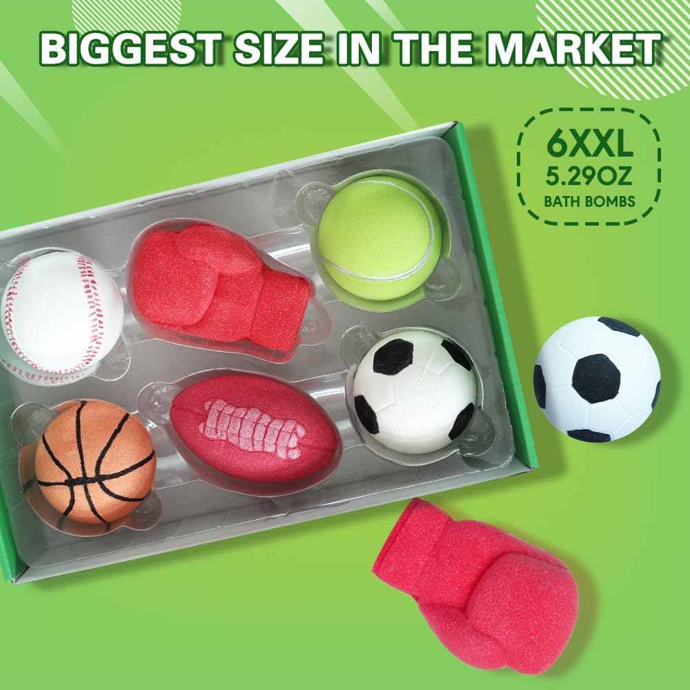 Sports Themed Bath Bombs Gift Set – 6 Piece Novelty Fizzy Balls with Basketball, Tennis, Baseball, Soccer, Football & Boxing – Fun Spa Kit for Kids, Teens, Men & Women – Self Care & Relaxation