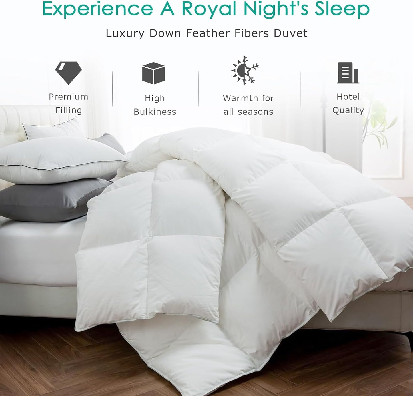 APSMILE Premium Down Feather Fibers Comforter Oversized King Size, All Season Duvet Insert Oversized King Size with 8 Tabs, Ultra Soft Poly-Cotton Cover Down Feather Fibers Comforter (White, 120*98")