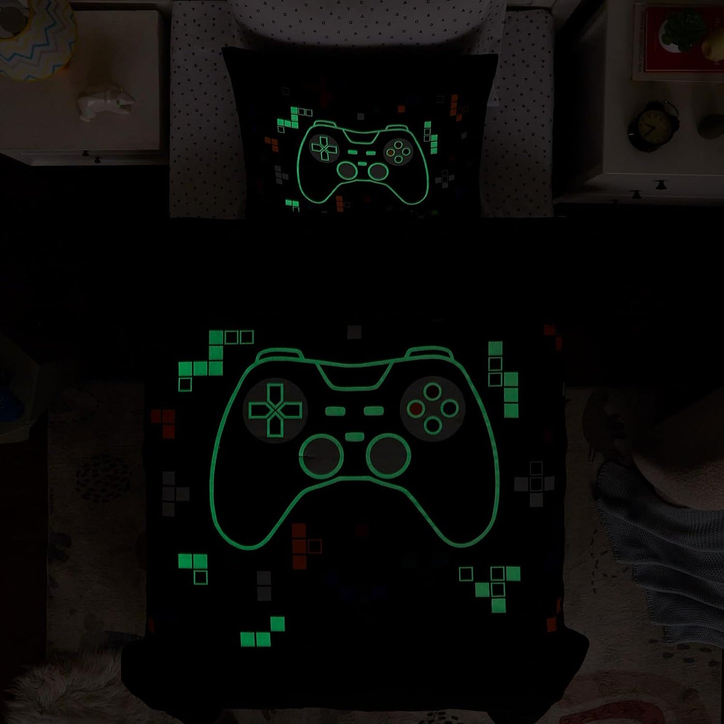 Twin Comforter Set for Boys-5 Pieces Gamer Glow in The Dark Twin Bedding Sets for Kids, Ultra Soft Bed in A Bag with Sheets
