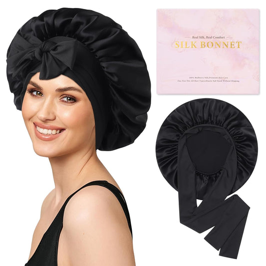 AWAYTR Mulberry Silk Bonnet for Sleeping - Silk Sleep Bonnet with Tie Band for Curly Hair Men and Women (Black)