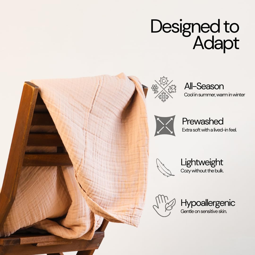 Salt Earth 100% Cotton Muslin Blanket, Gauze Blanket 80"X90" Queen, 4 Layered for Couch, Bed, Living Room,Lightweight & All Seasons Blankets & Throws, Easy to wash,Nature & Skin Friendly (Rose Dust)