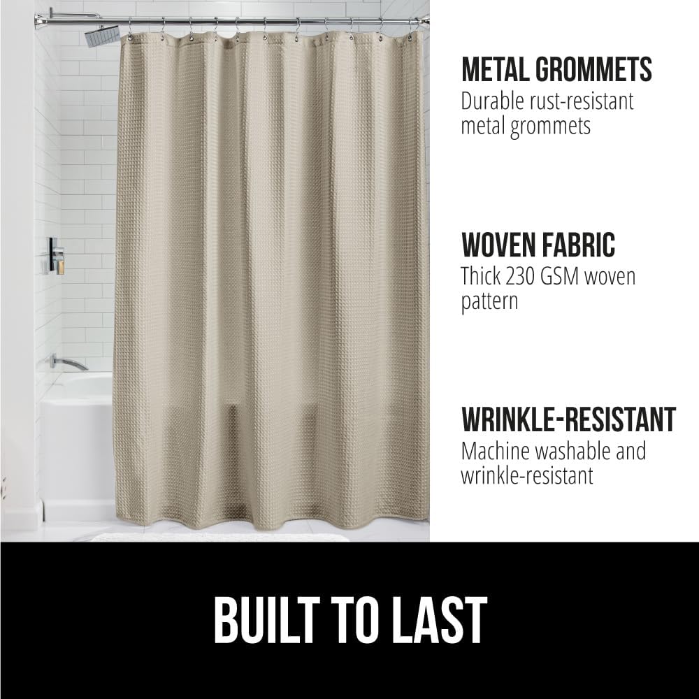 GORILLA GRIP Waffle Shower Curtain, Thick Weighted Fabric, Wrinkle and Rust Resistant, Classic Hotel Quality Design, Heavy Duty Long Curtains for Bathroom Showers, Bath Tubs, Machine Wash, 72x72 Beige