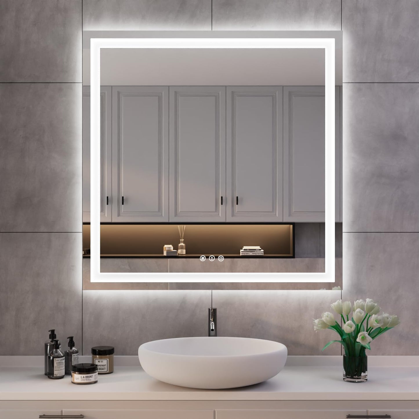 ISKM 36'' x 36'' LED Mirror for Bathroom Lighted Vanity Mirror for Wall Front Lights + Backlit LED Bathroom Mirror Anti-Fog Tempered Glass ETL Listed