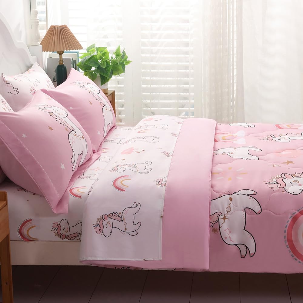Wajade Kids Pink Unicorn Comforter Set Bed in A Bag Queen Size 7 Piece Cute Unicorn Rainbow Clouds Bedding Set for Girls (1 Comforter, 1 Flat Sheet, 1 Fitted Sheet, 2 Pillowcase and 2 Pillow Sham)