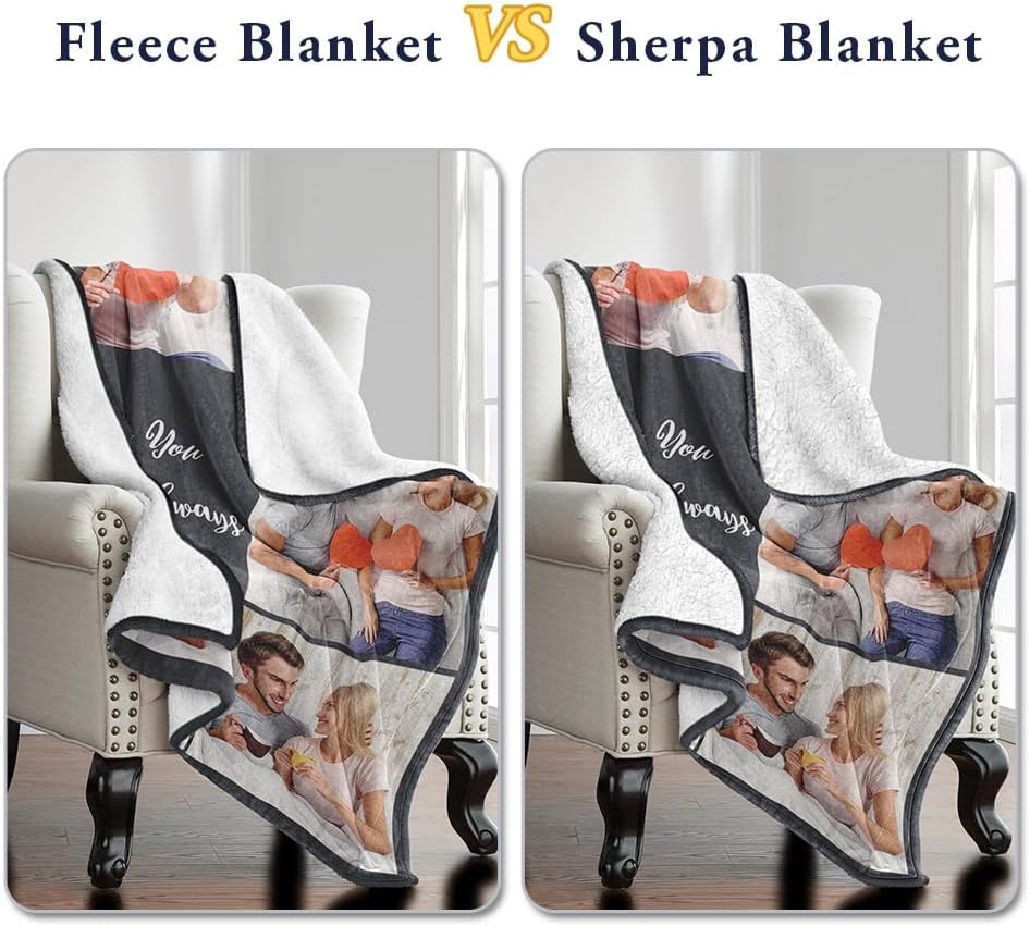 Sherpa Fleece Custom Photo Blanket - Soft, Warm, Fuzzy - Personalized Couples Gifts for Boyfriend, Girlfriend - Customized Picture Blanket for Birthday, Christmas