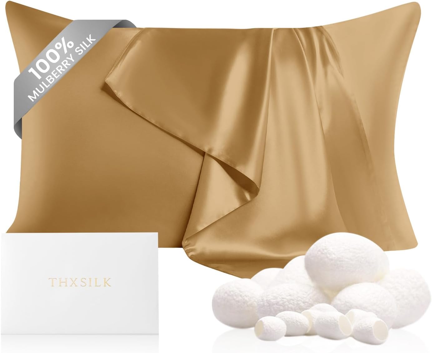 THXSILK 100% Pure Mulberry Silk Pillowcase for Hair and Skin, 22 Momme Zipper Silk Pillow Case Standard Size, Real Silk Pillowcase with Zipper, Anti Aging Acne Free (Metallic Gold, Queen 20"x30")