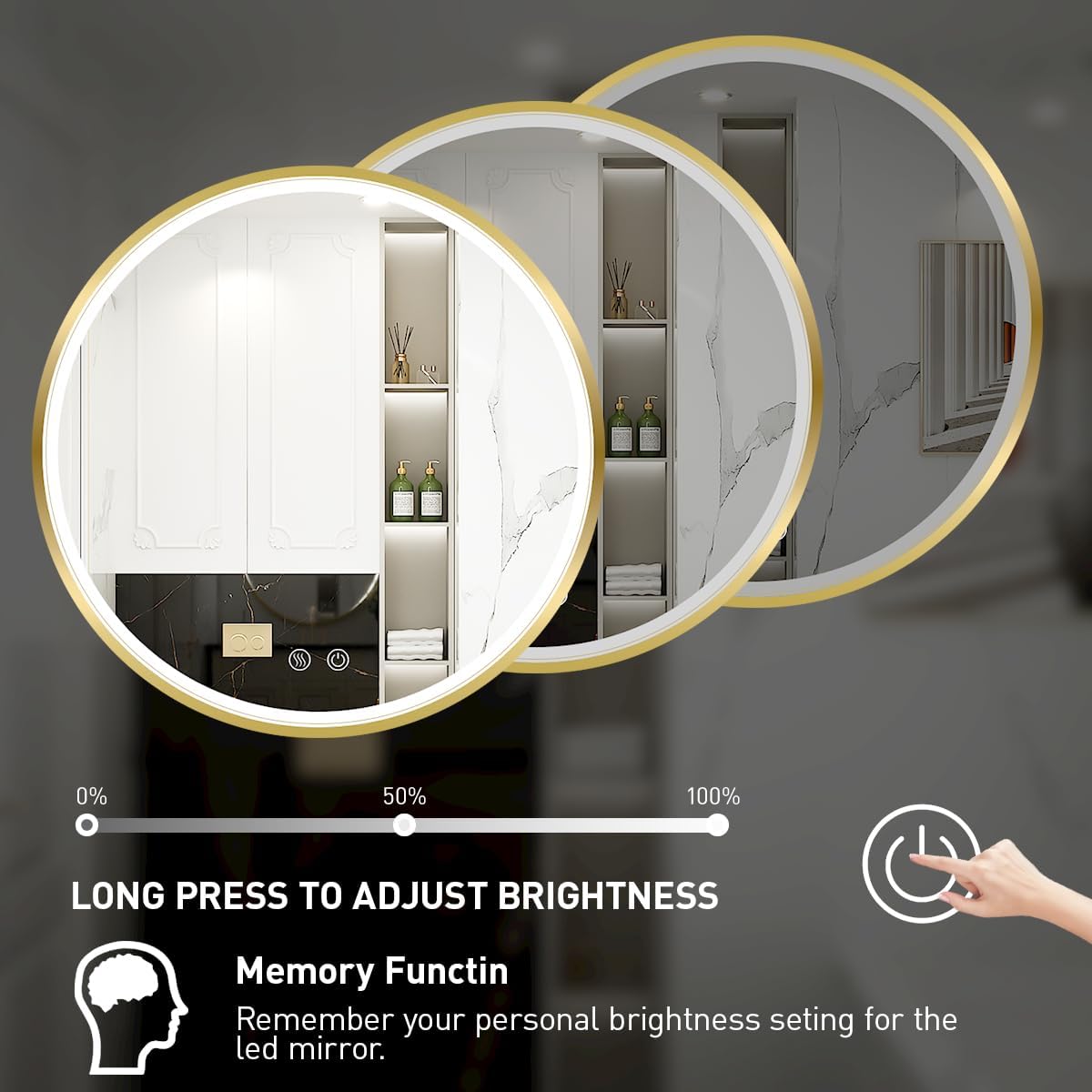 40" Round LED Bathroom Mirror, Dimmable Anti-Fog Vanity Mirror with Touch Control, 6000K Natural Light, Gold Metal Frame, Wall Mounted for Makeup Shaving (IP54, 90+ CRI)