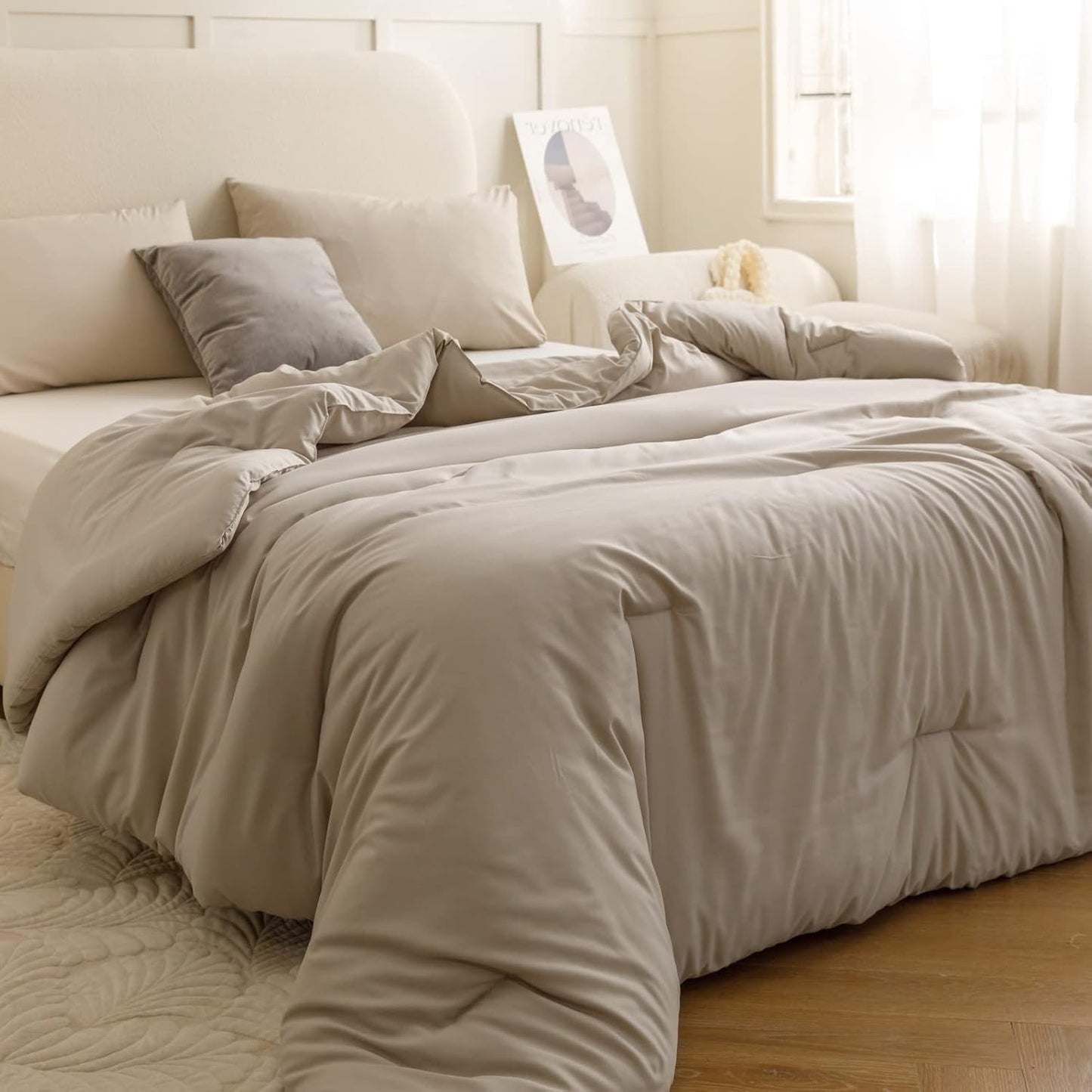 ROSGONIA Oversized Queen Comforter Oatmeal, 3pcs (1 Comforter & 2 Pillowcases) Lightweight Oversized Queen Comforter Sets Bedding Blanket Quilts