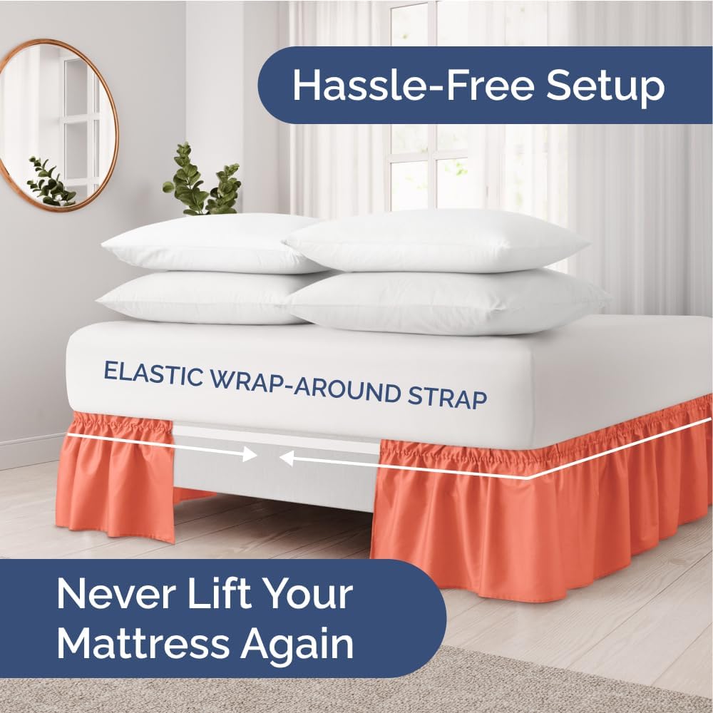 Wrap Around Dust Ruffle Bed Skirt - Coral - Twin/Twin XL Size Beds with 15 Inch Drop - Easy Fit Elastic Strap - Adjustable Pleated Bedskirt w/Brushed Fabric - Wrinkle Free - Women, Men, Kids & Teens