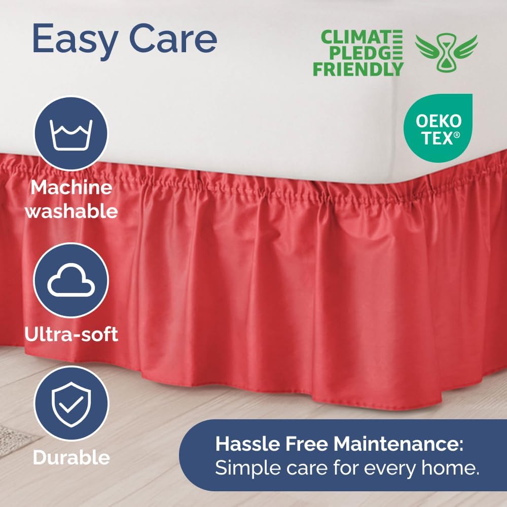 Wrap Around Dust Ruffle Bed Skirt - Red - for King Size Beds with 21 Inch Drop - Easy Fit Elastic Strap - Adjustable Pleated Bedskirt w/Brushed Fabric - Wrinkle Free - for Women, Men, Kids & Teens