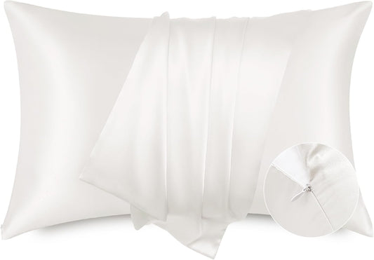 Bedsure Satin Pillowcase with Zipper, Similar to Silk Pillow Cases 2 Pack, Satin Pillow Cases Queen Size Set of 2, Silky & Soft Ivory Pillow Cover for Hair and Skin, Gifts for Women Men, 20x30 Inches