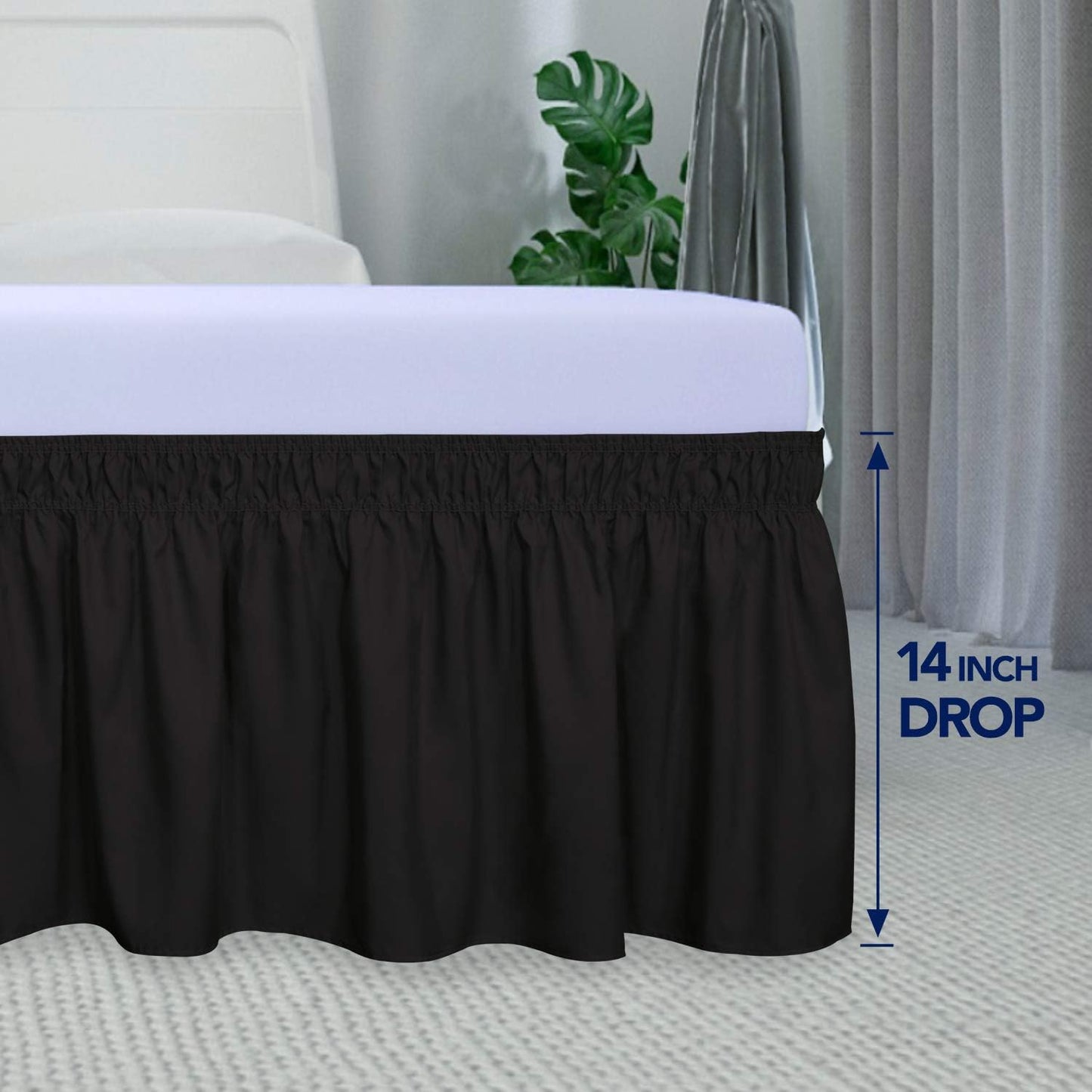 PureFit Wrap Around Ruffled Bed Skirt with Adjustable Elastic Belt - 14 Inch Drop Easy to Put On, Wrinkle Free Bedskirt Dust Ruffles, Bed Frame Cover for Twin, Twin XL and Full Size Beds, Black