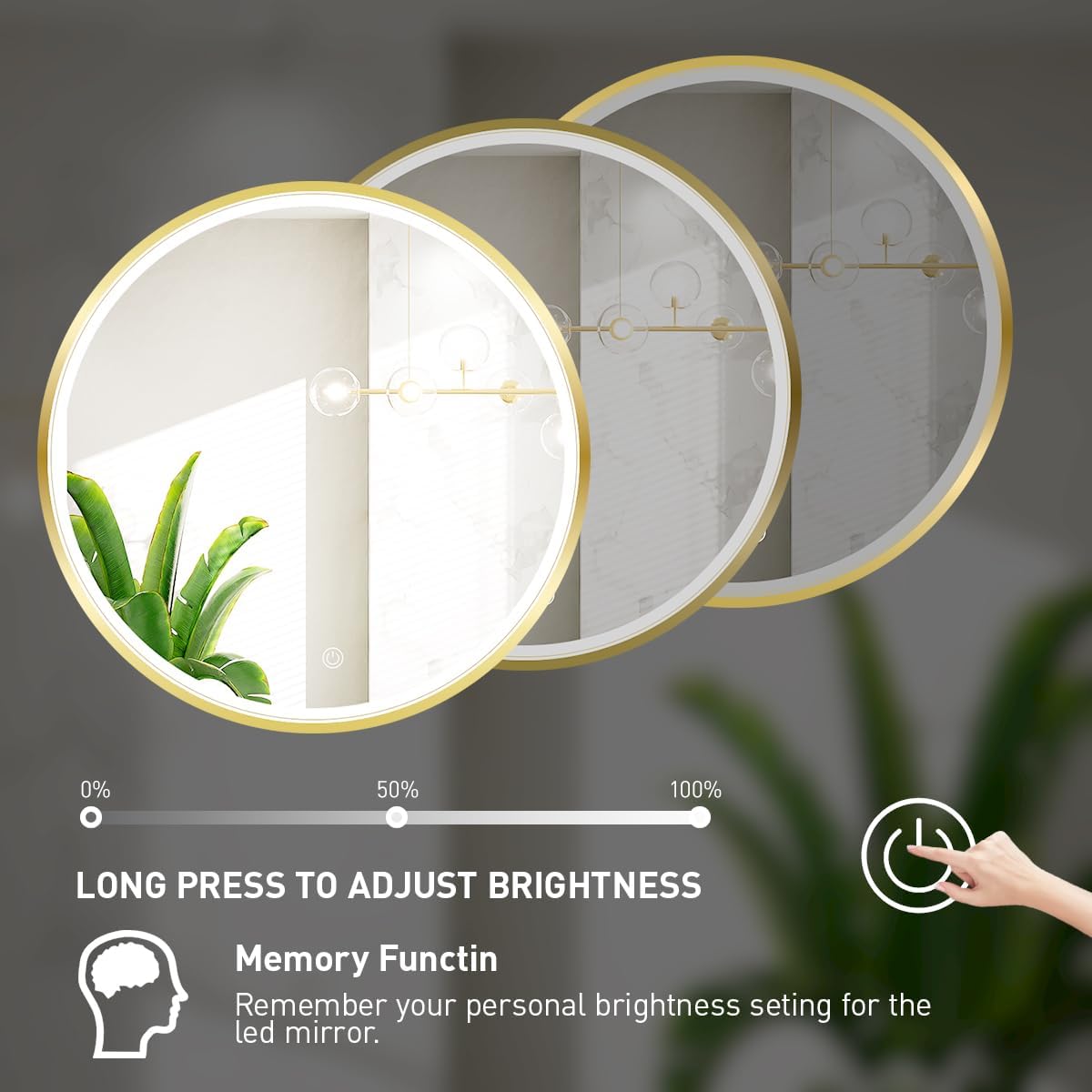 24" Round LED Bathroom Mirror, Dimmable Anti-Fog Vanity Mirror with Touch Control, 6000K Natural Light, Gold Metal Frame, Wall Mounted for Makeup Shaving (IP54, 90+ CRI)