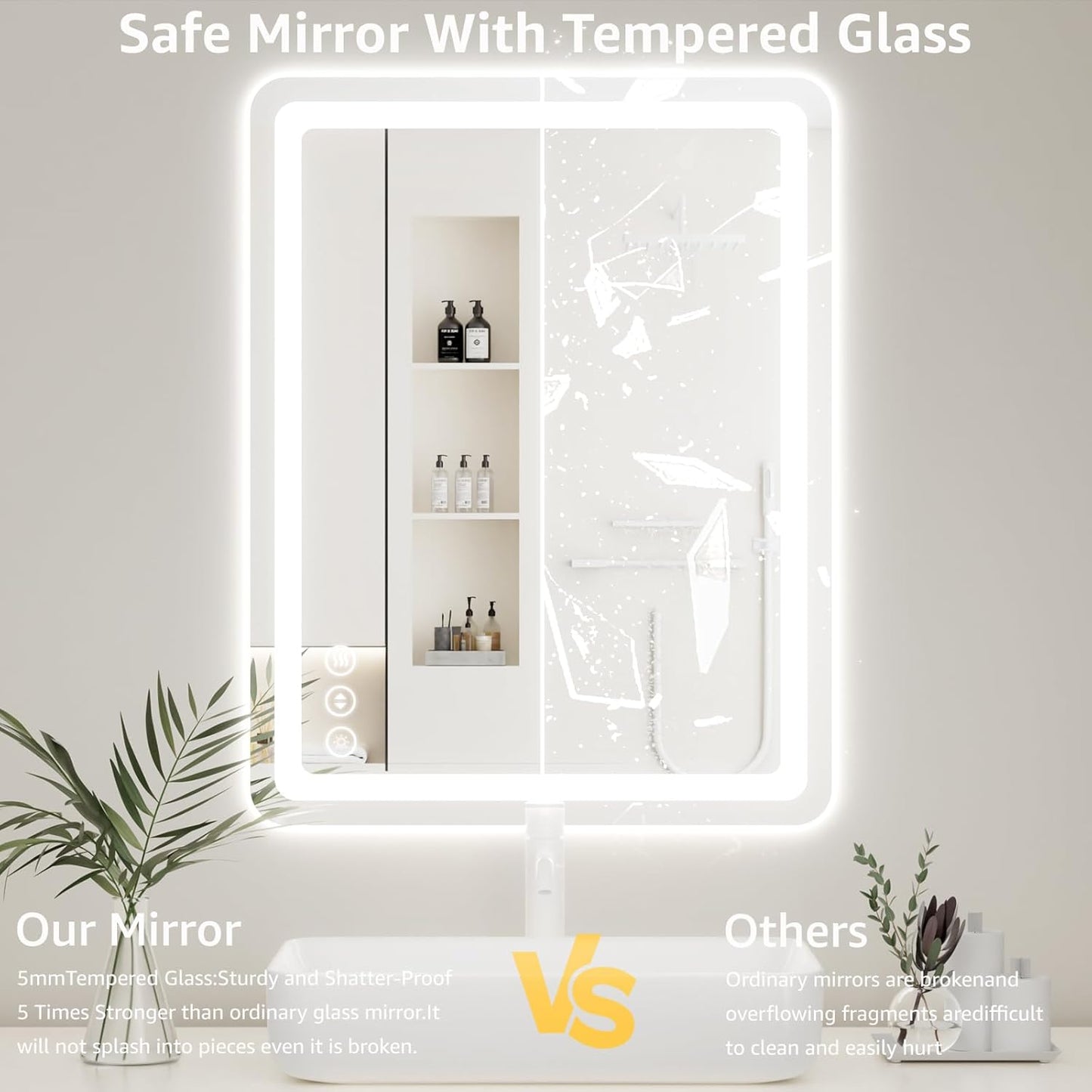 55" x 30" Led Bathroom Mirror with Lights, Anti-Fog & Tri-Color Lighting - Wall Mounted Shaving Mirror with Touch Sensor, Waterproof & Smart LED Vanity Mirror,Tempered Glass, Dimmable Smart Mirror