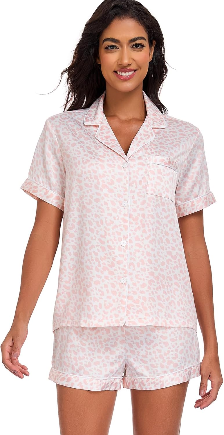 Women's Satin Pajama Set 2-Piece Sleepwear Loungewear Button Down Short Sleeve Silky PJ Set
