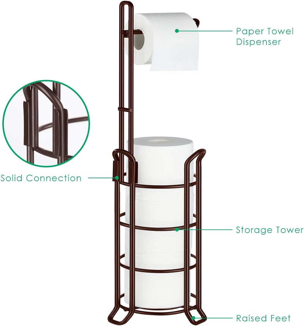 TomCare Toilet Paper Holder Toilet Paper Stand and Dispenser for 4 Mega Rolls Metal Wire Free-Standing Toilet Tissue Paper Roll Storage Shelf Bathroom Accessories Storage Organizer Bronze