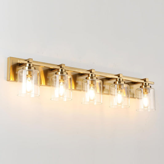 5 Light Modern Bathroom Light Fixtures Over Mirror, Brass Finish Vanity Lights for Bathroom Wall Sconces with Clear Glass Shades, E26 Socket (Bulbs Not Included)