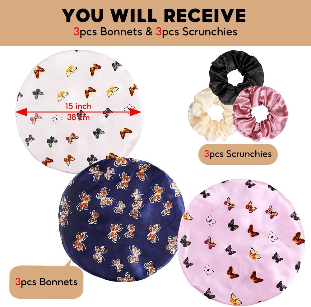 3+3 Large Satin Bonnets with Scrunchies for Women, Wide Band Hair Bonnet for Sleeping Braids Curly Hair