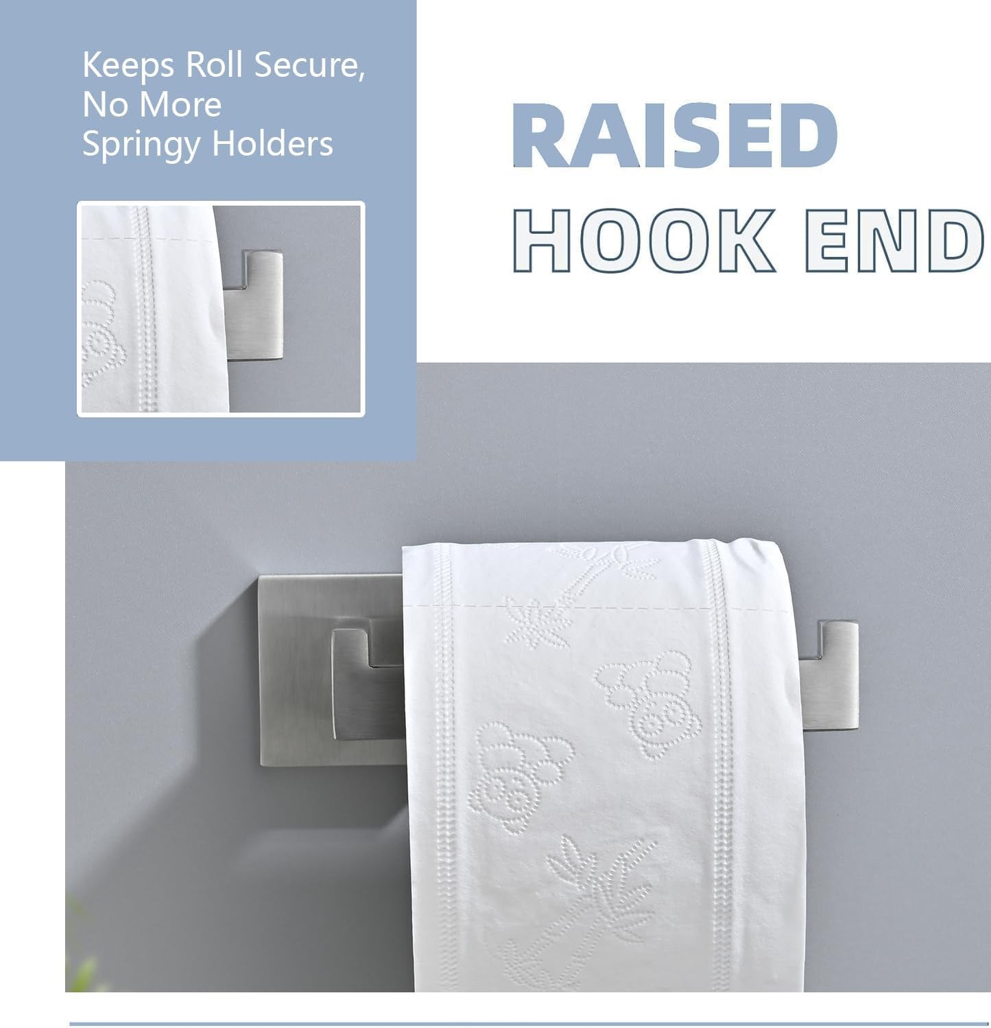 3PCS Bathroom Hardware Set, Brushed Nickel Toilet Paper Holder, 2 Square Towel Robe Hooks, SUS 304 Stainless Steel, Wall Mounted, Modern, Rust‑Resistant (Silvery)