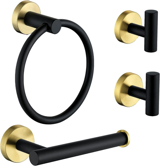 4 Piece Stainless Steel Matte Black and Brushed Gold Bathroom Hardware Set Include Hand Towel Ring Holder, Toilet Paper Holder,and 2 Robe Towel Hooks,Bathroom Accessories Kit