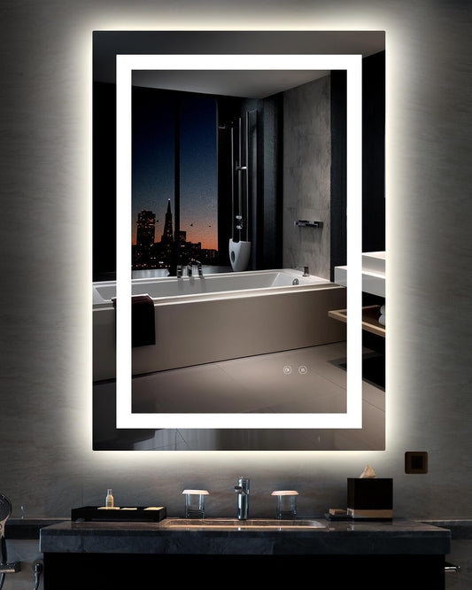 Ensenior LED Bathroom Mirror 24"x 32" with Front and Backlight, Stepless Dimmable Wall Mirrors with Anti-Fog, Shatter-Proof, Memory, 3 Colors, Modern LED Vanity Mirror-ETL & FCC