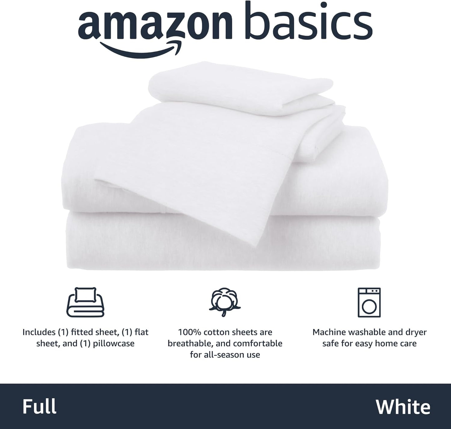 Amazon Basics 4 Piece Bed Sheet Set, 100% Cotton Jersey, Includes Super Soft, Flat and Fitted Sheets, Pillowcase, Full, White, Solid