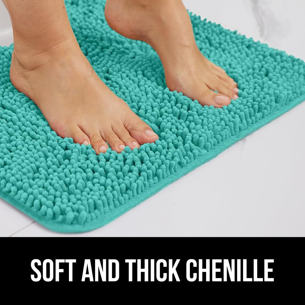 GORILLA GRIP Plush Absorbent Shaggy Chenille Bath Rug Mat for Square Toilet Base with Rubber Backing, Machine Washable Rugs, Soft Microfiber Contour Mats for Toilets, Bathroom Decor, Turquoise