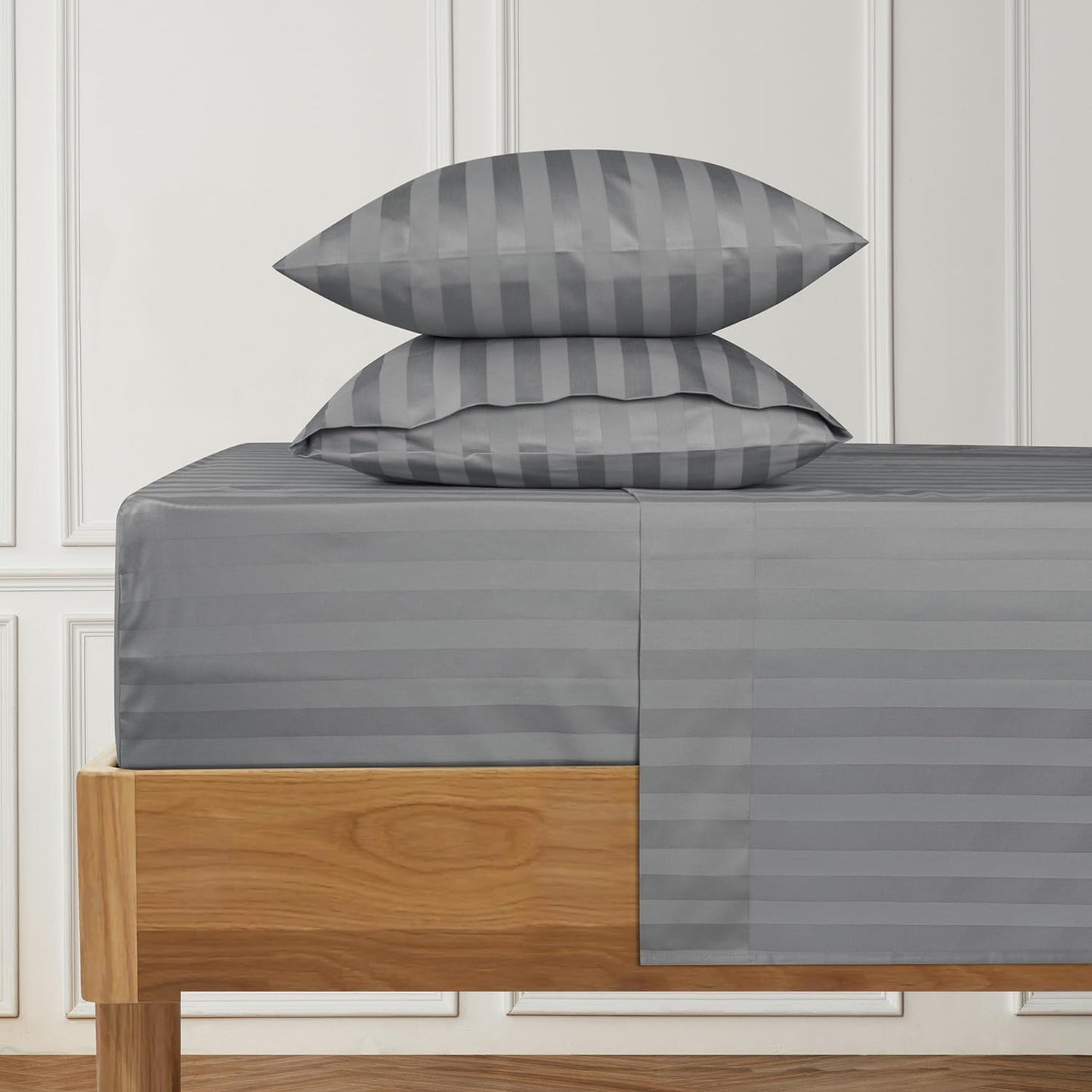 URBANHUT 1000 Thread Count Damask Striped Twin Size Egyptian Cotton Sheets, Long Staple Soft & Breathable, 4 Pc Bed Sheet Sets, Luxury Hotel Sateen Sheets Fits 16" Deep Pocket - Dark Grey