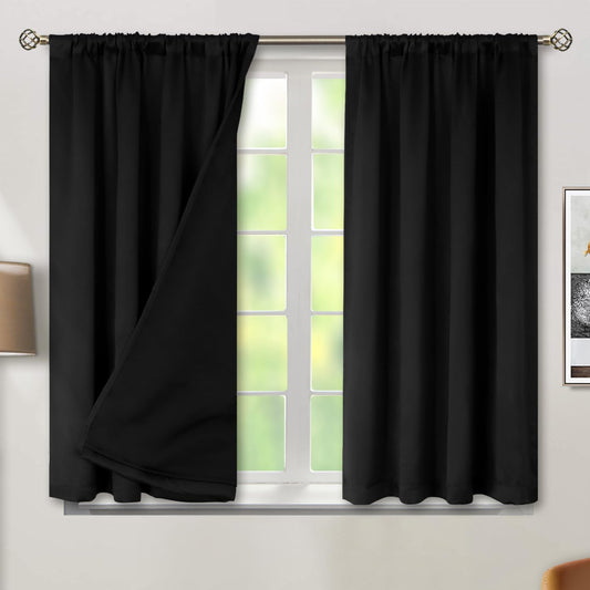 BGment Black Black Out Curtains for Bedroom Window 2 Panels Set, Bedroom Curtains Double Layer 100% Room Darkening Thermal Insulated Rod Pocket Window Drapes, Each 52 x 54 Inch,