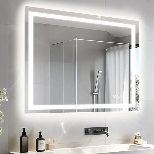 40"x32" LED Bathroom Mirror for Wall, Front and Backlit, Anti-Fog Vanity With Lights, Stepless Dimmable, 3 Colors Smart (Horizontal/Vertical)