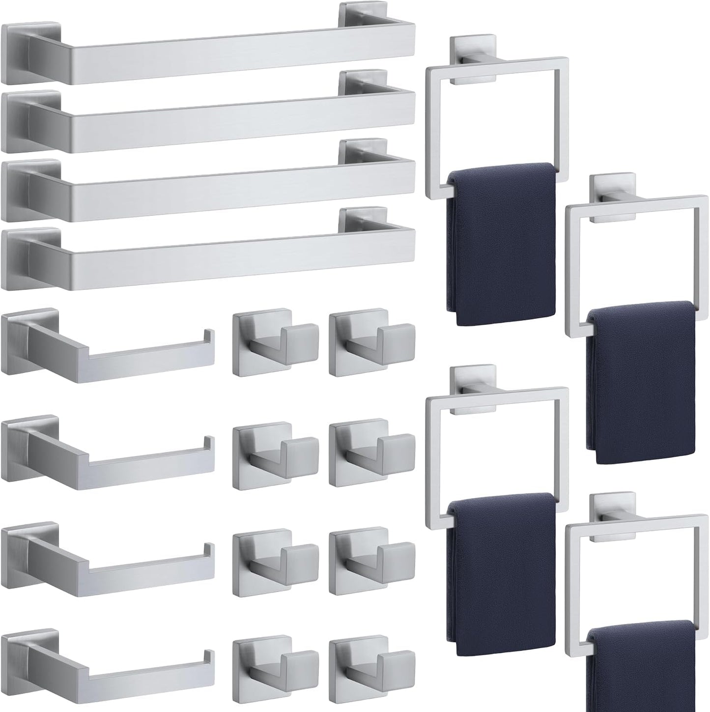 Bathroom Accessories Towel Bar Set: 20 Pieces Brushed Nickel Square Bathroom Hardware SUS304 Stainless Steel - Wall Mounted Towel Rack&Toilet Paper Holder&Towel Ring and Towel Hook