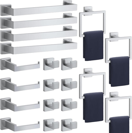 Bathroom Accessories Towel Bar Set: 20 Pieces Brushed Nickel Square Bathroom Hardware SUS304 Stainless Steel - Wall Mounted Towel Rack&Toilet Paper Holder&Towel Ring and Towel Hook