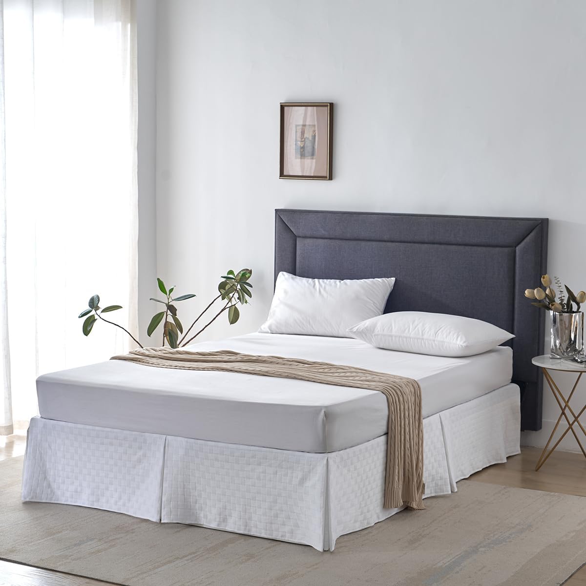 King Size Bed Skirt, Pleated Knitted Jacquard Waffle Weave Striped Bed Skirt, Tailored Dust Ruffle 14 Inch Drop Easy Fit, Machine Washable (White, King- 14" Drop)