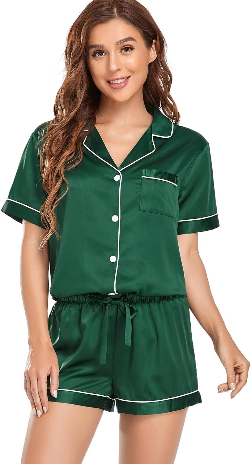 Women's Satin Pajama Set 2-Piece Sleepwear Loungewear Button Down Short Sleeve Silky PJ Set