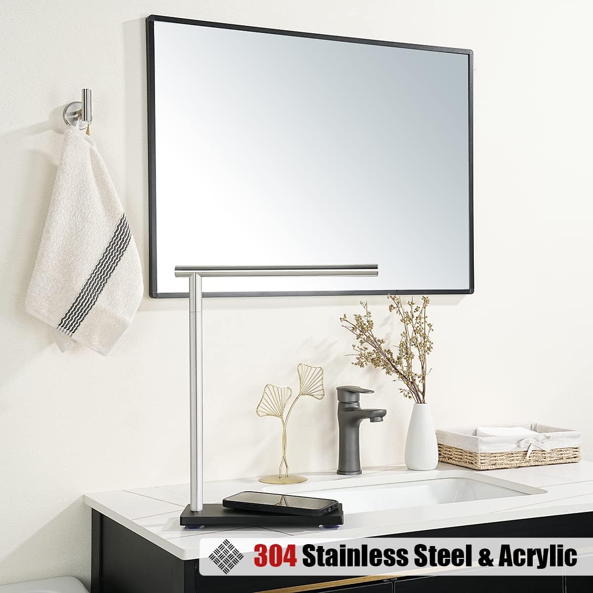 JQK Hand Towel Holder Stand Brushed, Modern Tree Rack Free Standing for Countertop with 12 Inch Bar, 304 Stainless Steel Thicken 0.8mm, HTT170-BN
