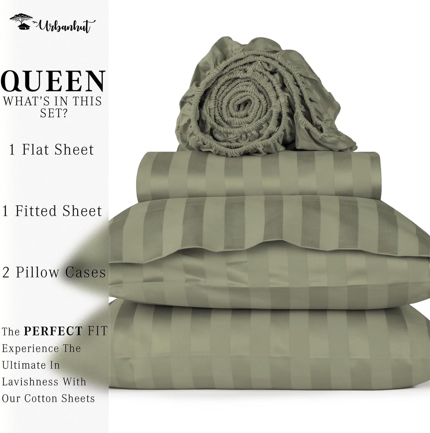 URBANHUT 1000 Thread Count Damask Striped Queen Size Egyptian Cotton Sheets, Long Staple Soft & Breathable, 4 Pc Bed Sheet Sets, Luxury Hotel Sateen Sheets Fits 16" Deep Pocket - Sage