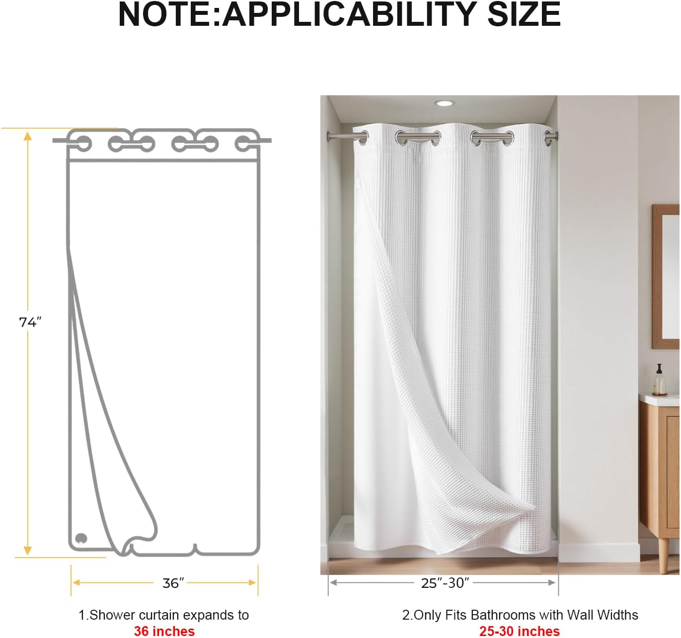 River Dream Stall Waffle Weave Shower Curtain with Snap-in Liner,Cotton Blend,No Hooks Needed Shower Curtain for Bathroom, Shower Curtain with Liner Set,Black,54x80 inches