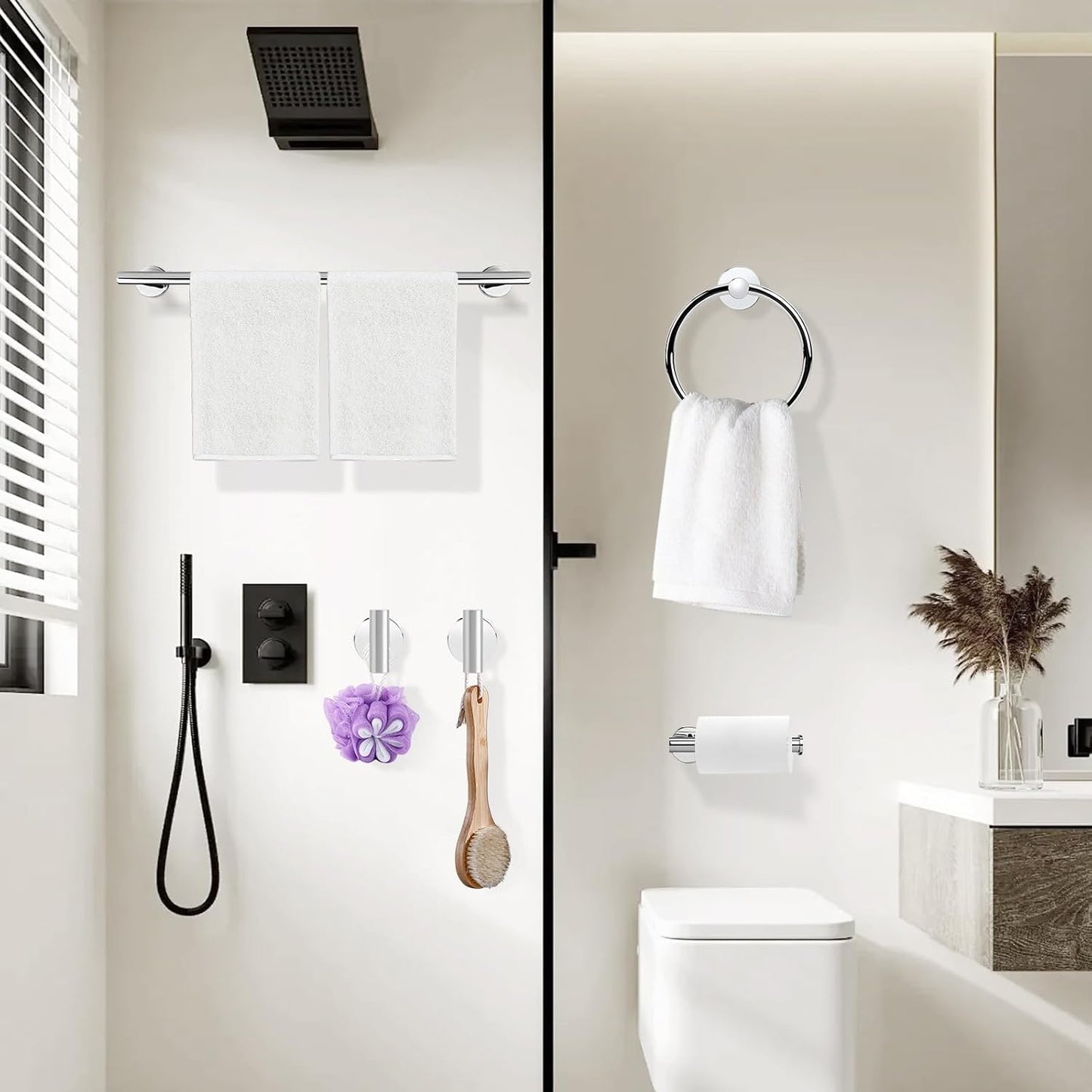 4-Piece Polished Chrome Bathroom Hardware Set - Toilet Paper Holder and Hand Towel Holder, Towel Ring Wall Mounted, Stainless Steel Accessories Set - Silver