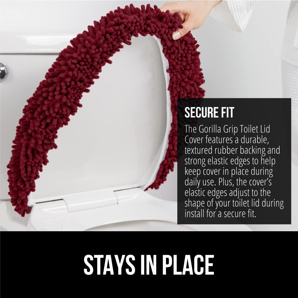 GORILLA GRIP Soft Chenille Bathroom Toilet Lid Cover, Machine Washable Seat Covers, 19.5x18.5, Stays in Place Rubber Backing, Fits Most Round, Elongated and Oblong Lids, Accessories Decor, Burgundy