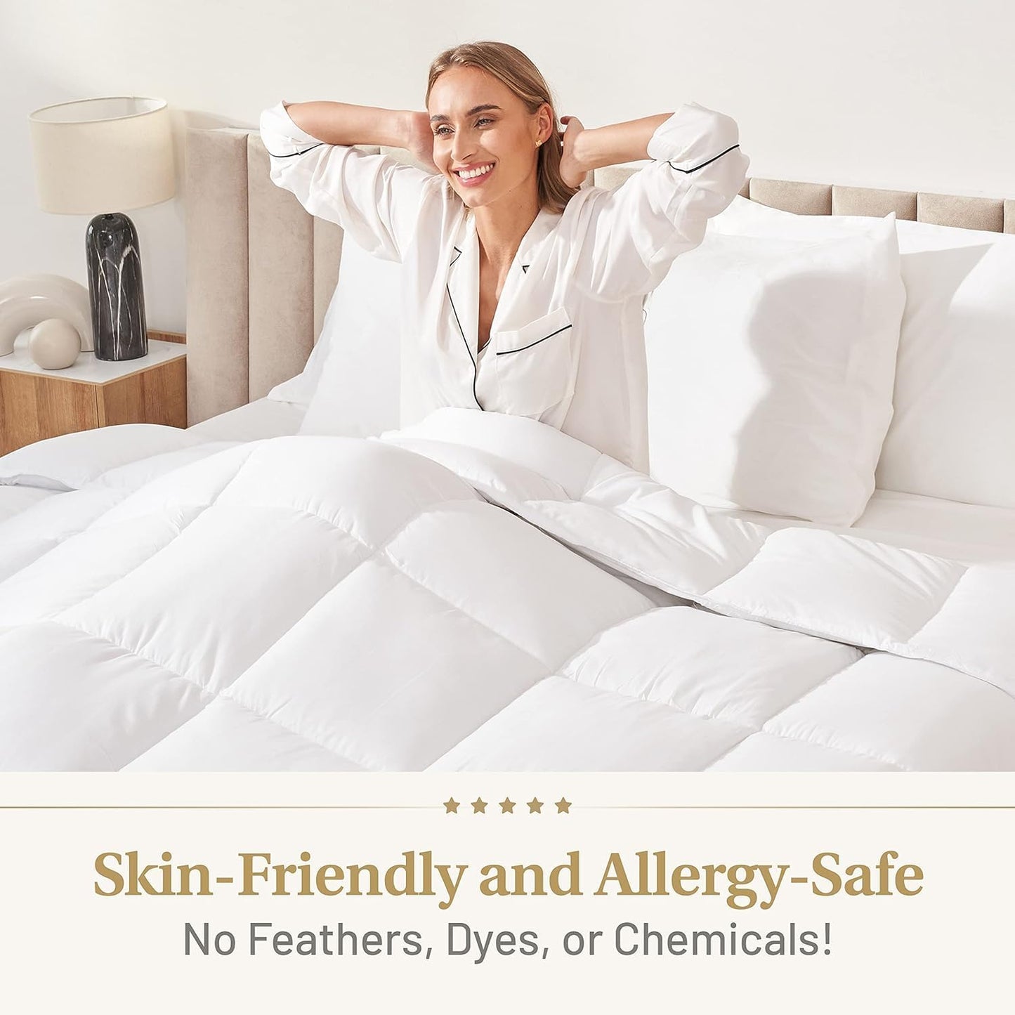 Lavish Comforts® Down Alternative Oversized Queen Comforter - Extra Fluffy Duvet Insert, Hotel Queen, Puffy Thick All Season Premium Cooling Comforter - White 102 x 86