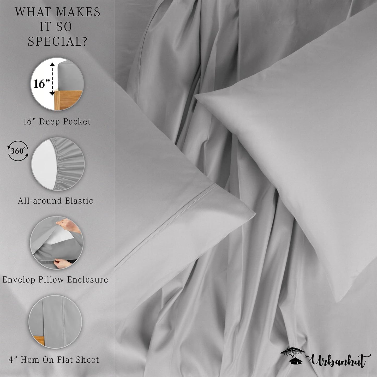 URBANHUT 700 Thread Count Egyptian Cotton Sheets California King Size, 4Pc Sheet Set Luxury Bed Sheets for California King Bed, Sateen Weave Hotel Sheets, 16'' Elasticized Deep Pocket - Silver Grey