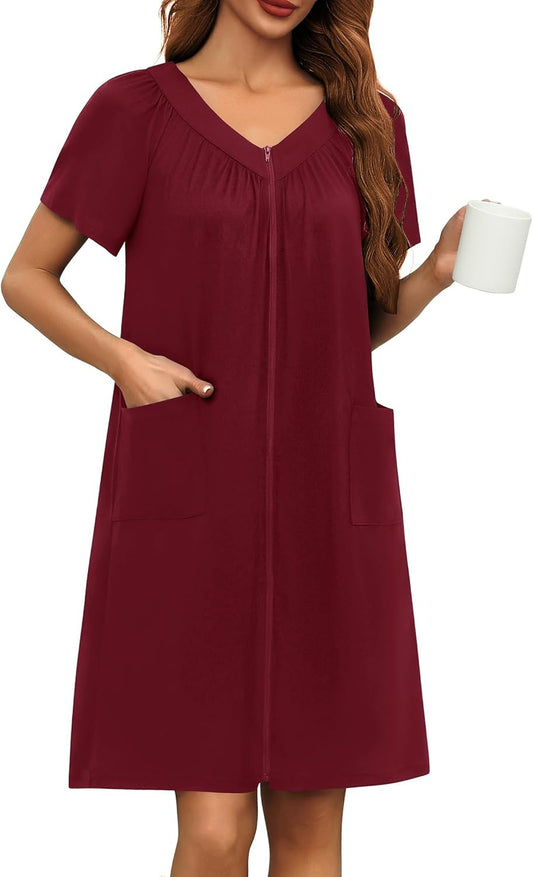 Ekouaer Women Robe Zipper Front Mumu Duster Robes Zip Up Housecoat Soft Sleepwear with Pockets S-3XL