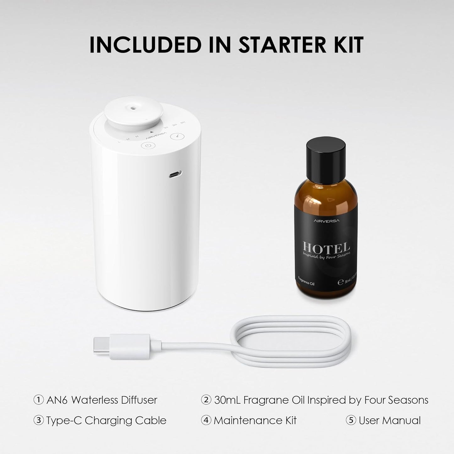 Airversa Waterless Essential Oil Diffuser Starter Kit with 30mL Fragrance Oil Inspired by Four Seasons Hotel, Battery Operated Mini Scent Air Machine Portable Diffuser for Home Car Office, White AN6
