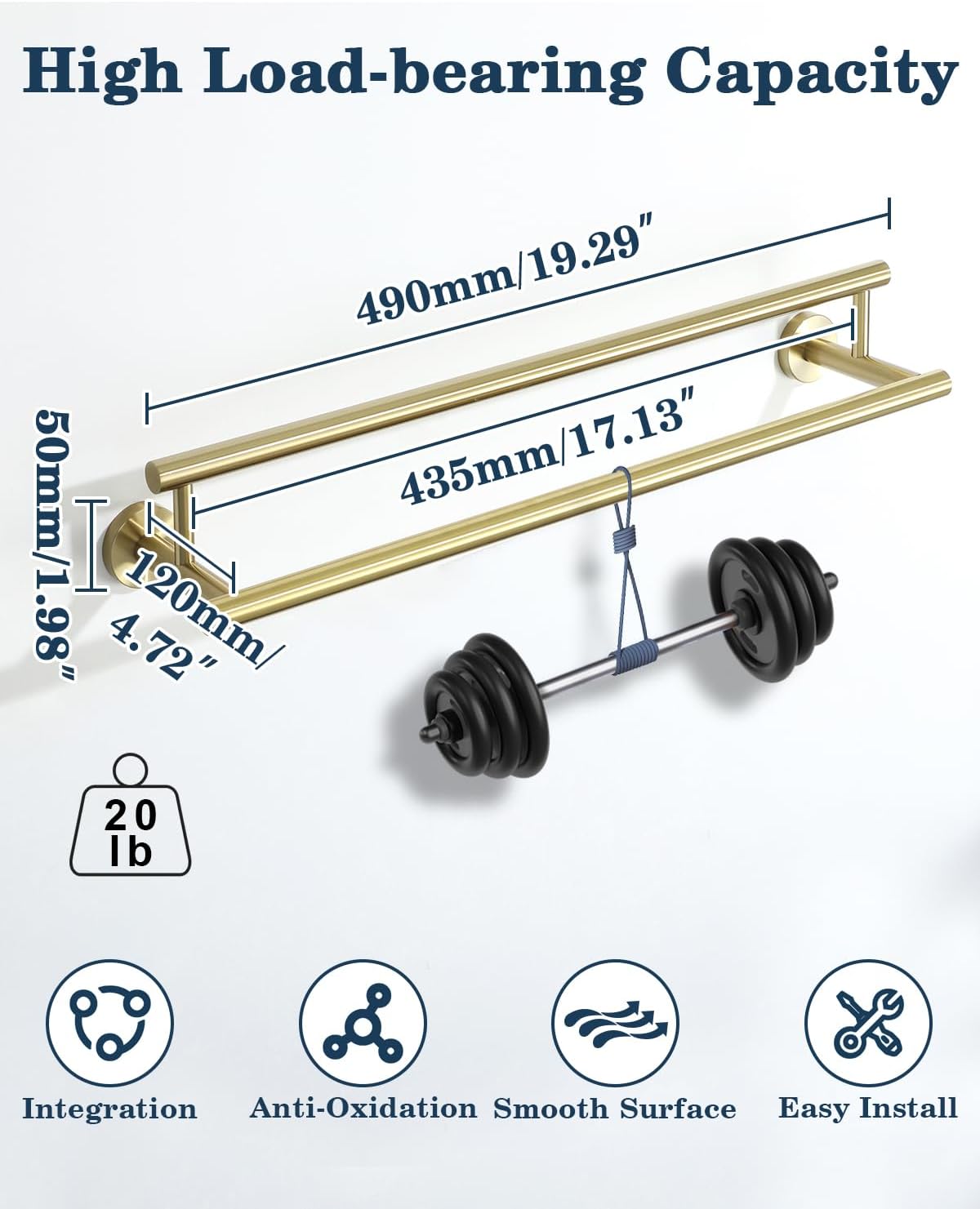 Alise Double Bath Towel Bars,20 Inch Towel Racks for Bathroom Wall Mounted,SUS304 Stainless Steel Towel Holder,Space-Saving Towel Hanger,Modern Decor Towel Rod,Brushed Gold Towel Rail,GYT6902-500-G