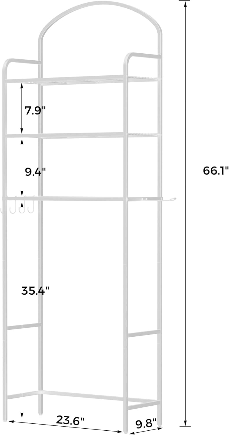 3-Tier Over The Toilet Storage, Bathroom Organizer, Space-Saving, Above Toilet Storage Rack with 4 Hooks and Paper Holder, Metal Shelf, White