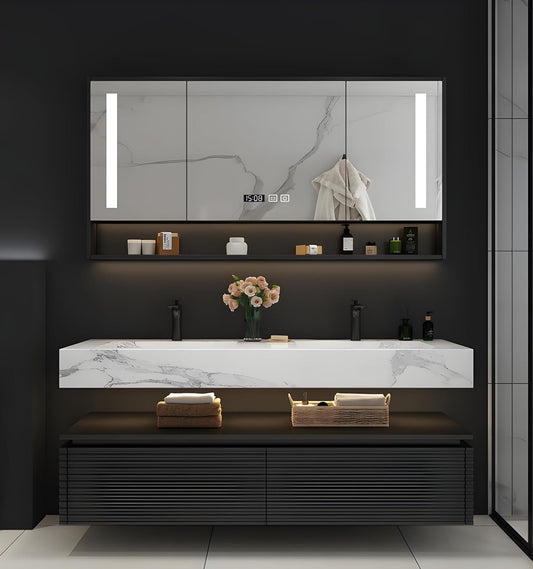 Double Bathroom Vanity with Sink, Oak Wood Bathroom Vanities with LED Smart Defogging Mirror Cabinet and Floating Open Shelf, Modern Bathroom Vanity with Rock Countertop & Faucet (Black,84")