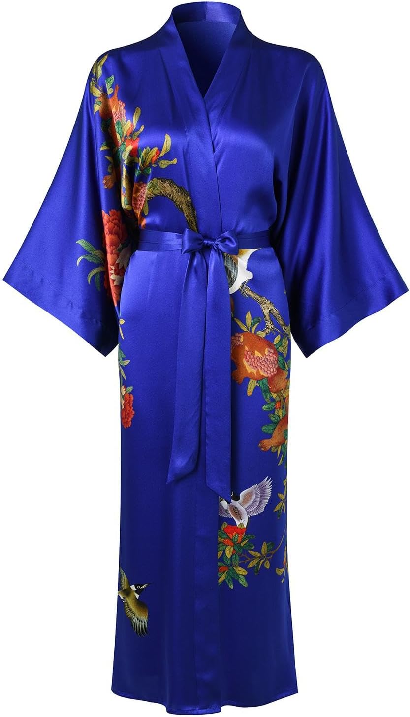 Women's Silk Kimono Robe Long Bathrobe Nightgown 100% Mulberry Silk for Women - Classic Floral Pattern